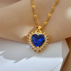 Heart Pendant Necklace Blue Sapphire Zircon Copper Micro Pave Rhinestone Elegant Clavicle Chain Jewelry For Women