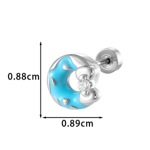 Blue enamel doughnut stud earring with sparkling zircon and silver screw-back design