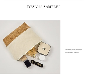 Flat lay of cotton canvas and cork makeup bag with cosmetics and silver zipper