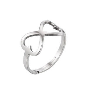 Polished stainless steel adjustable ring featuring infinity and heart motif design