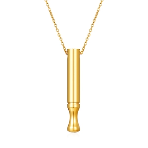 Mindfulness breathing whistle necklace in polished gold finish with cylindrical pendant