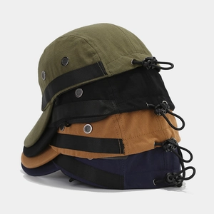 5-panel camper caps with mountain embroidery, breathable fabric, and adjustable drawcord