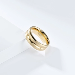 Minimalist gold titanium steel ring with brushed center and polished outer edges