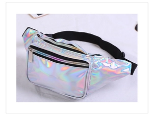Detail view of colorful laser silver waist bag featuring double layer zipper closure