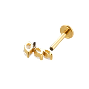 F136 titanium gold labret stud with three marquise zircon stones and internal threading