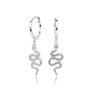 Elegant pair of S925 sterling silver snake drop earrings on a reflective white background
