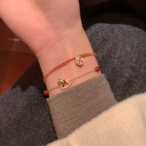 18k gold plated horse bracelet set with red beads and luxury zircon for women