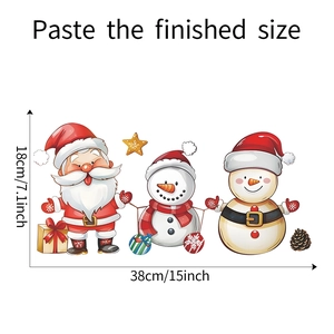 Detailed dimensions of cartoon Santa and snowman Christmas wall stickers showing 15x7.1 inch size