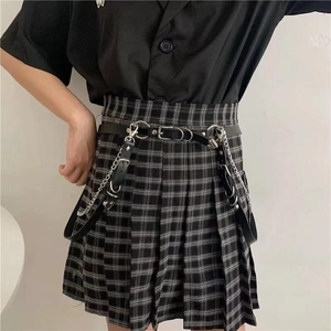 Detail of Harajuku punk pleated skirt featuring leather belt with silver metal chains