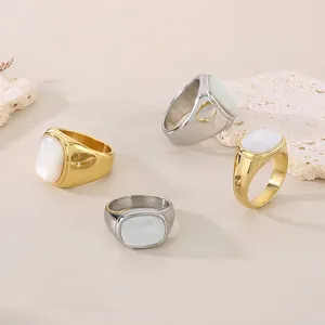 Geometric Stainless Steel Rings With White Shell Inlay Retro Square Oval Signet Style Jewelry For Men And Women