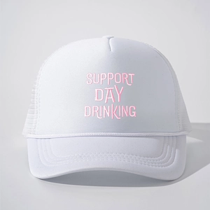 Classic white trucker hat with pink SUPPORT DAY DRINKING embroidery and breathable mesh back