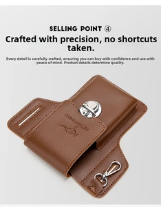 Macro view of brown leather belt phone pouch with metal buckle and carabiner hook