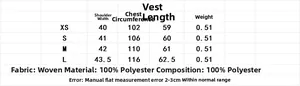 Detailed size chart for the faux fur vest showing shoulders, chest, and length measurements