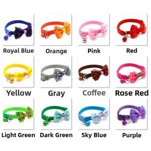 Detailed grid showing 12 colors of pet collars with polka dot bows and bells