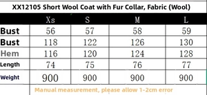 Detailed size chart for women's short wool coat with faux fur collar in cm and kg