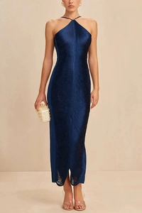Detailed view of dark blue halter maxi dress featuring dense fringe and metallic accents