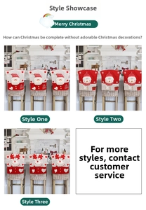 Close-up detail of three Christmas chair covers featuring 3D Santa, snowman, and reindeer icons