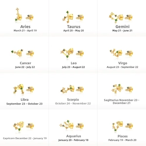 Macro detail of zodiac signs S925 silver stud earrings with colorful zircon in gold finish