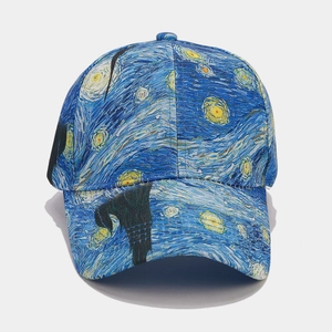 Detailed view of Starry Night print on high-quality canvas baseball cap with curved brim