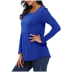 Navy blue cotton long sleeve maternity nursing top with layered breastfeeding access