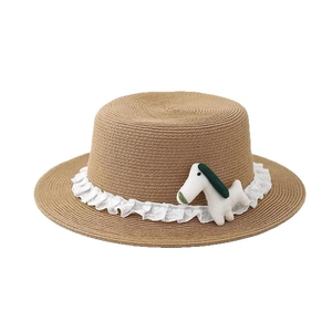 Summer flat top boater straw hat with white lace trim and cute pony doll accessory