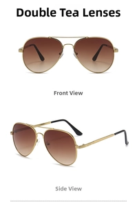 Front and side view of gold aviator sunglasses with brown gradient resin lenses