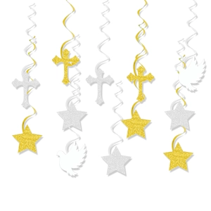 Holy Communion Hanging Swirl Decorations Glitter Cross Star Dove Paper Cutouts For Baptism Religious Party Decor