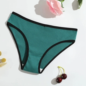 Top view of dark green ribbed cotton women's panties with black contrast trim and decor