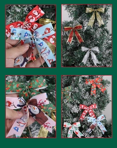 Detail view of assorted colorful Christmas bows with festive snowmen and tree patterns
