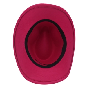 Internal view of a fuchsia wool felt fedora showing black sweatband and stiff brim