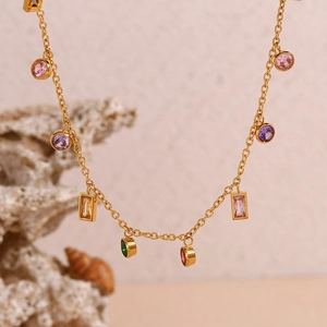 18K gold plated stainless steel necklace with colorful round and rectangular zircons