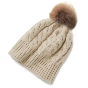 Gorro de invierno de punto grueso crema con pompón de piel sintética marrón extraíble