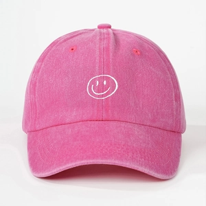 Fashionable pink cotton baseball cap with white smiley graffiti embroidery for outdoor sun protection