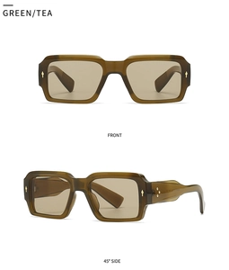 Detailed front and side views of vintage square green sunglasses with gold accents