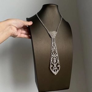 Elegant silver rhinestone tie necklace with tassel fringe design on a black neck bust