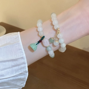 Elegant Chinese style natural stone beaded bracelet with lotus pendant and jade beads