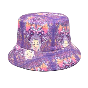 Purple bucket hat with psychedelic Buddha and mushroom print, outdoor sun protection gear