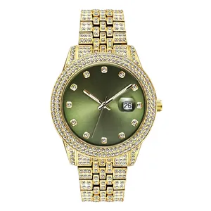 Luxurious gold iced-out men's watch with green sunray dial and diamond accents