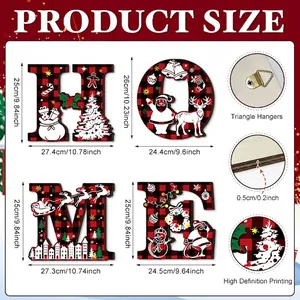 Size specifications for wooden HOME letters with reindeer and snowman holiday prints