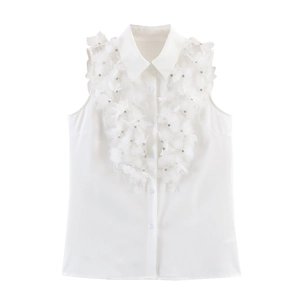 Chemisier Sans Manches Femme Blanc Col Polo Applique Fleur 3D Perles Strass Chemise Doux Elégant Boutonné Haut