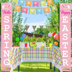 Easter party porch banners with Happy Easter and Hello Spring text in a sunny garden