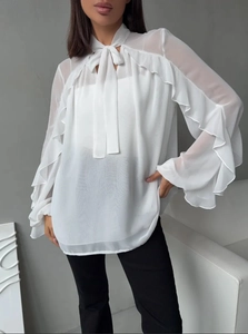 Elegant white chiffon long sleeve blouse with bow tie neck and layered ruffle sleeves