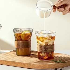 Ribbed Glass Coffee Cup With Heat Resistant Walnut Wood Sleeve Leather Wrap Japanese Minimalist Water Glass