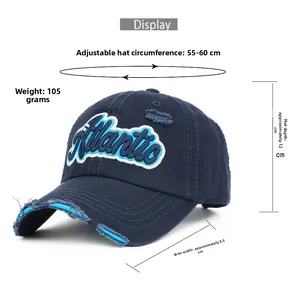Vue détaillée de la broderie Atlantic sur casquette bleu délavé avec spécifications