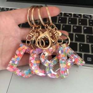 Initial Letter Keychain Transparent Resin With Colorful Heart Sequins Golden Metal Clasp Fashion Bag Charm Gift