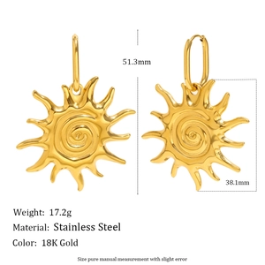 18K gold plated stainless steel sun swirl pendant earrings with size and weight specs