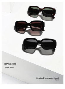 Three retro square sunglasses in tortoiseshell and black on white geometric stands