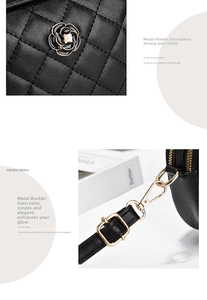 Detail of camellia flower metal ornament with pearl center on black quilted leather bag