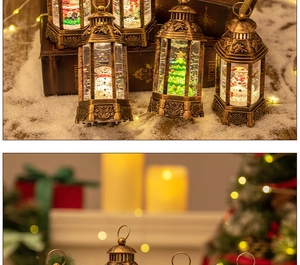 Close-up of vintage bronze Christmas lantern with snowman inside and warm LED light