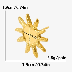 Detailed size view of sun-shaped 304 stainless steel earrings with gold plating